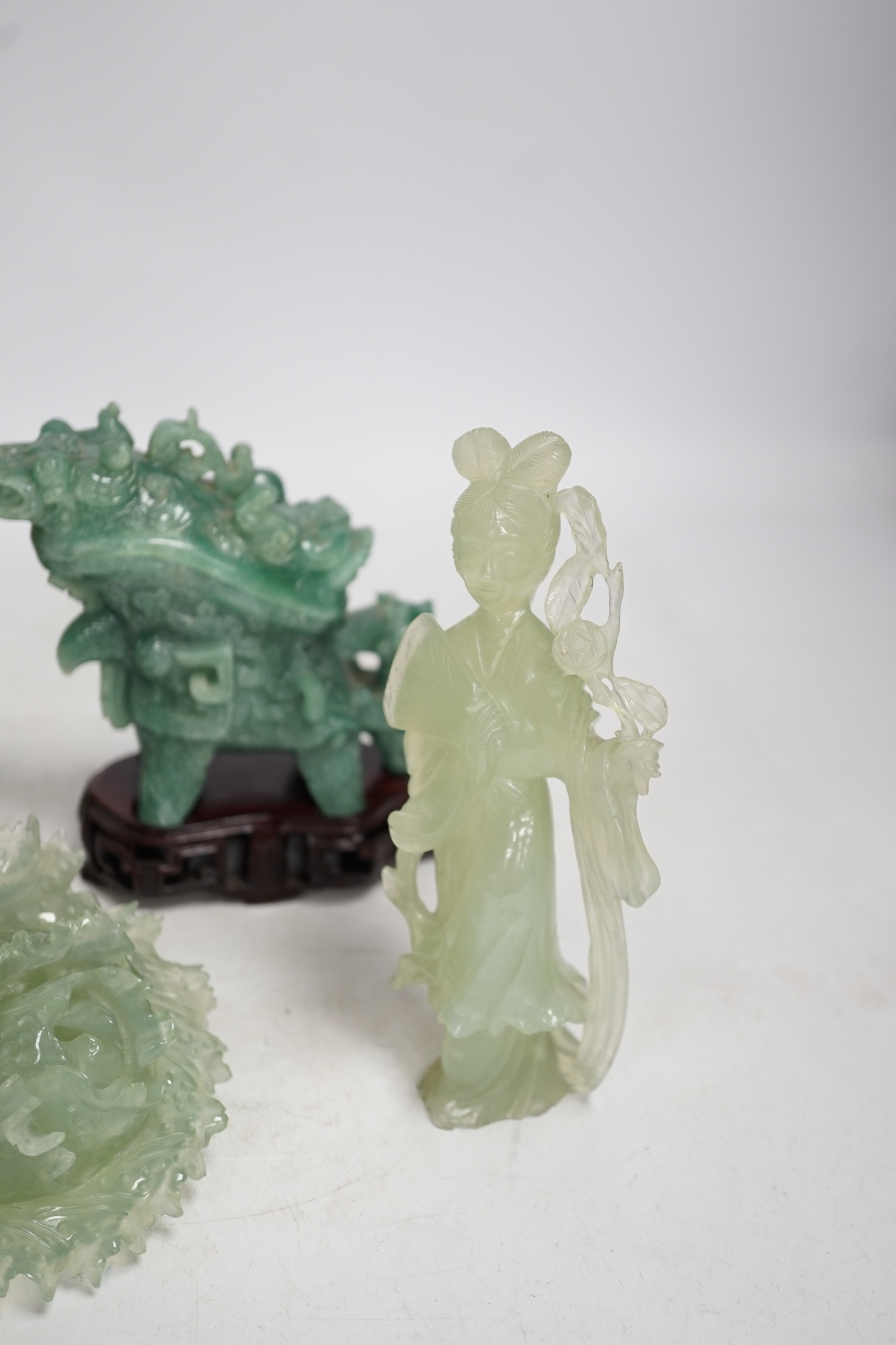 A group of five Chinese hardstone carvings, tallest 18cm. Condition - fair